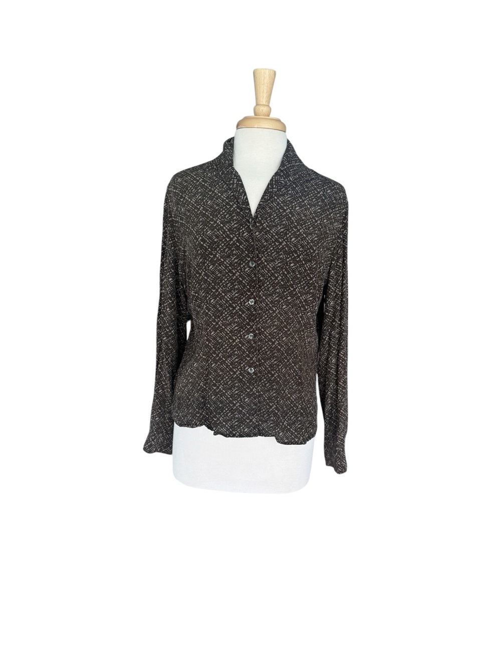 Vintage Evan Picone Brown & White Textured Button-Front Silk Blouse